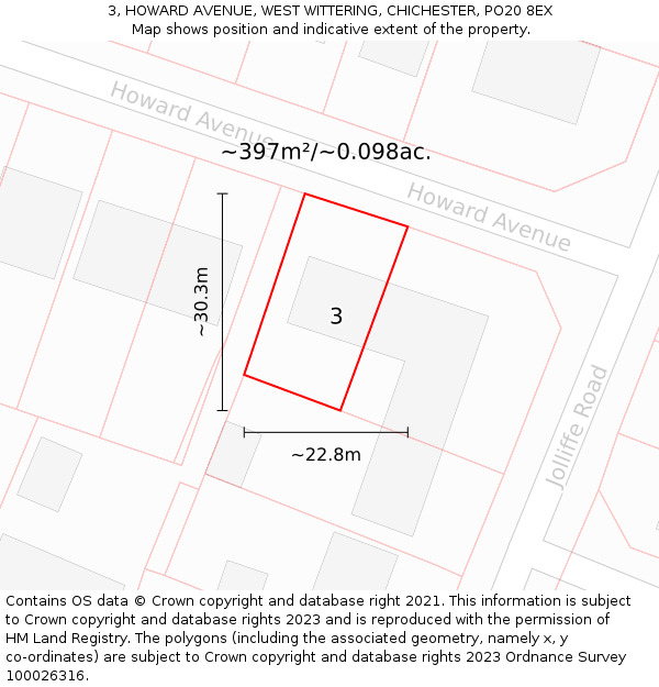 3, HOWARD AVENUE, WEST WITTERING, CHICHESTER, PO20 8EX: Plot and title map