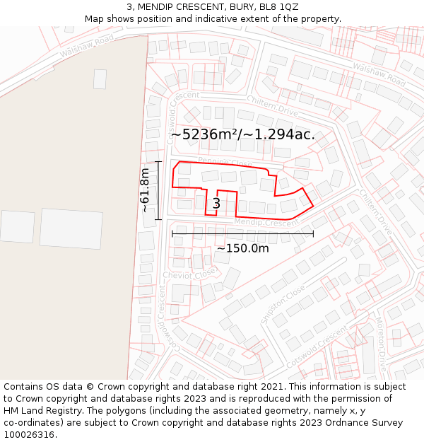 3, MENDIP CRESCENT, BURY, BL8 1QZ: Plot and title map