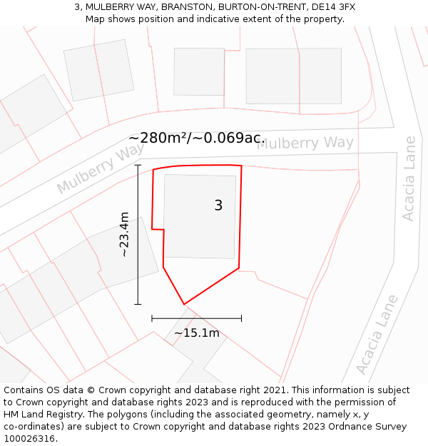 3, MULBERRY WAY, BRANSTON, BURTON-ON-TRENT, DE14 3FX: Plot and title map