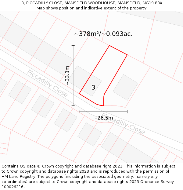 3, PICCADILLY CLOSE, MANSFIELD WOODHOUSE, MANSFIELD, NG19 8RX: Plot and title map