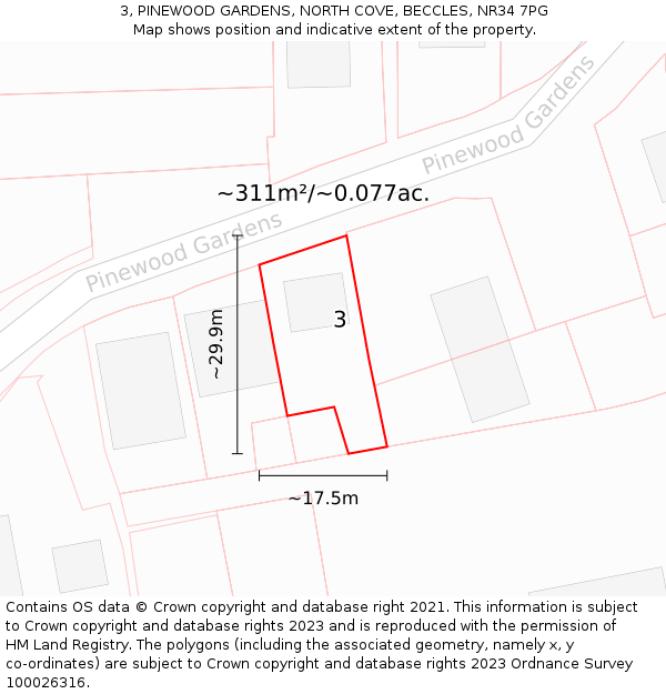 3, PINEWOOD GARDENS, NORTH COVE, BECCLES, NR34 7PG: Plot and title map