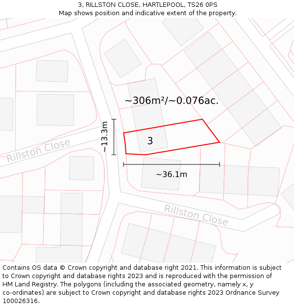 3, RILLSTON CLOSE, HARTLEPOOL, TS26 0PS: Plot and title map