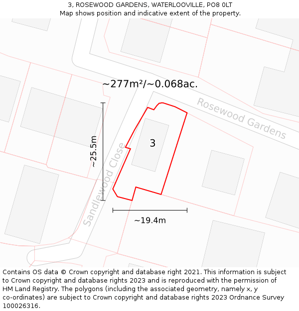 3, ROSEWOOD GARDENS, WATERLOOVILLE, PO8 0LT: Plot and title map