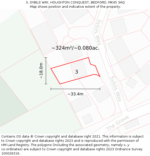 3, SYBILS WAY, HOUGHTON CONQUEST, BEDFORD, MK45 3AQ: Plot and title map