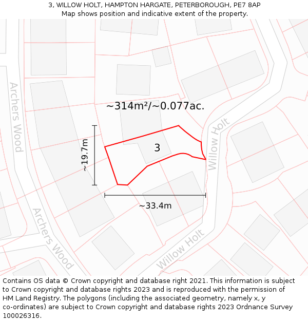 3, WILLOW HOLT, HAMPTON HARGATE, PETERBOROUGH, PE7 8AP: Plot and title map