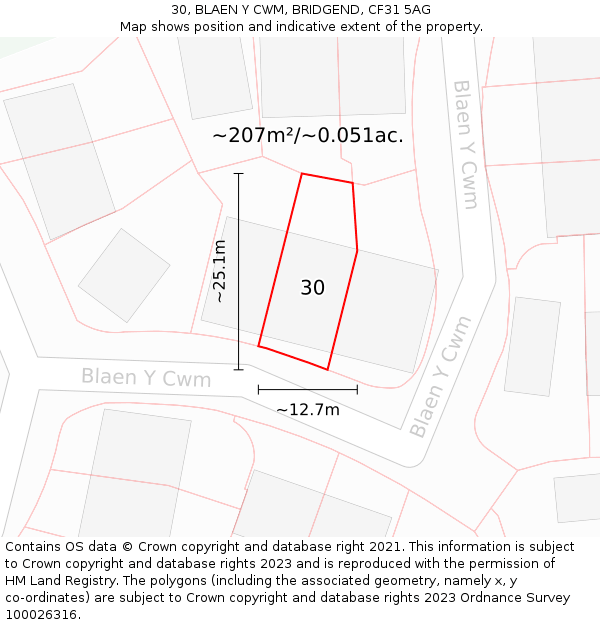 30, BLAEN Y CWM, BRIDGEND, CF31 5AG: Plot and title map