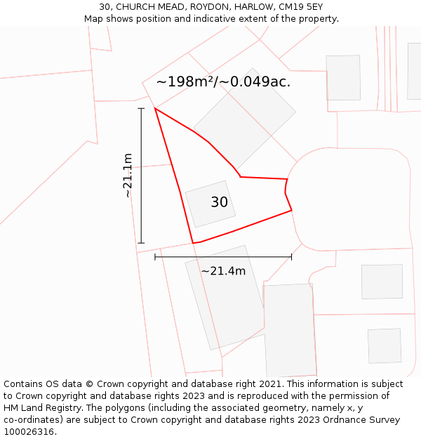 30, CHURCH MEAD, ROYDON, HARLOW, CM19 5EY: Plot and title map