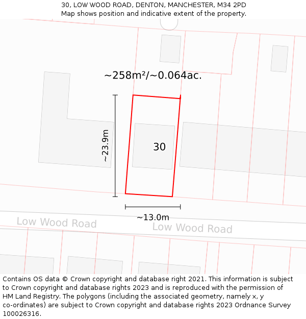 30, LOW WOOD ROAD, DENTON, MANCHESTER, M34 2PD: Plot and title map