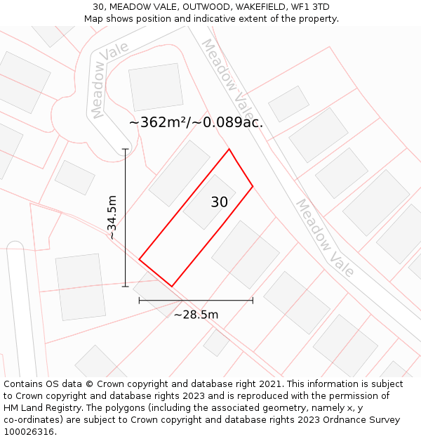 30, MEADOW VALE, OUTWOOD, WAKEFIELD, WF1 3TD: Plot and title map