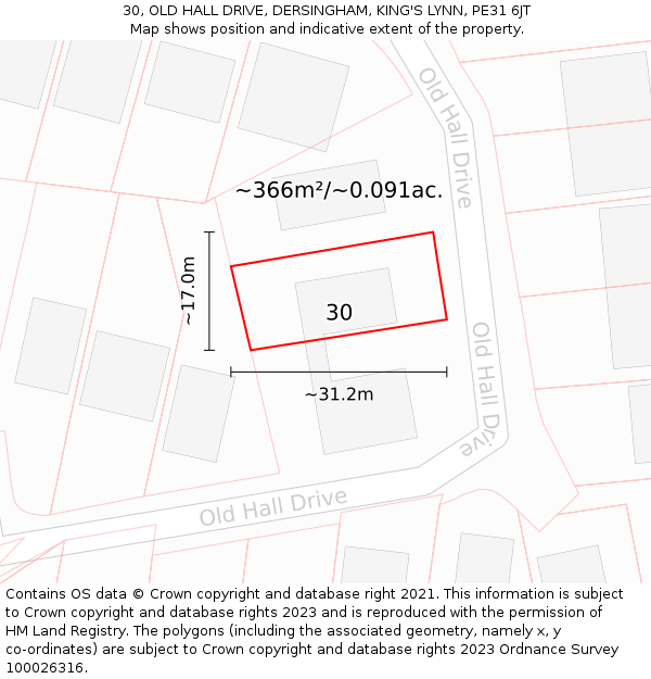 30, OLD HALL DRIVE, DERSINGHAM, KING'S LYNN, PE31 6JT: Plot and title map