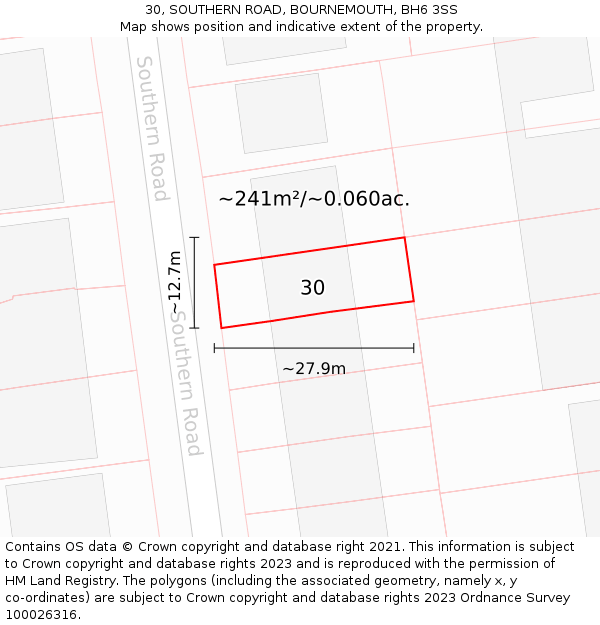 30, SOUTHERN ROAD, BOURNEMOUTH, BH6 3SS: Plot and title map