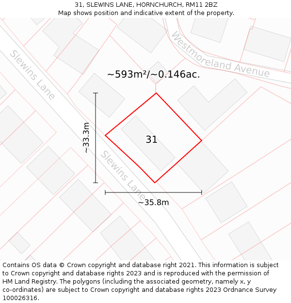 31, SLEWINS LANE, HORNCHURCH, RM11 2BZ: Plot and title map