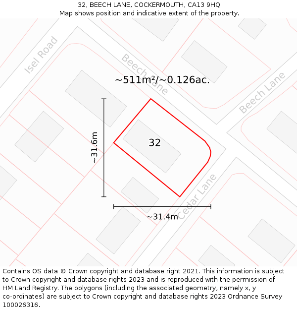 32, BEECH LANE, COCKERMOUTH, CA13 9HQ: Plot and title map