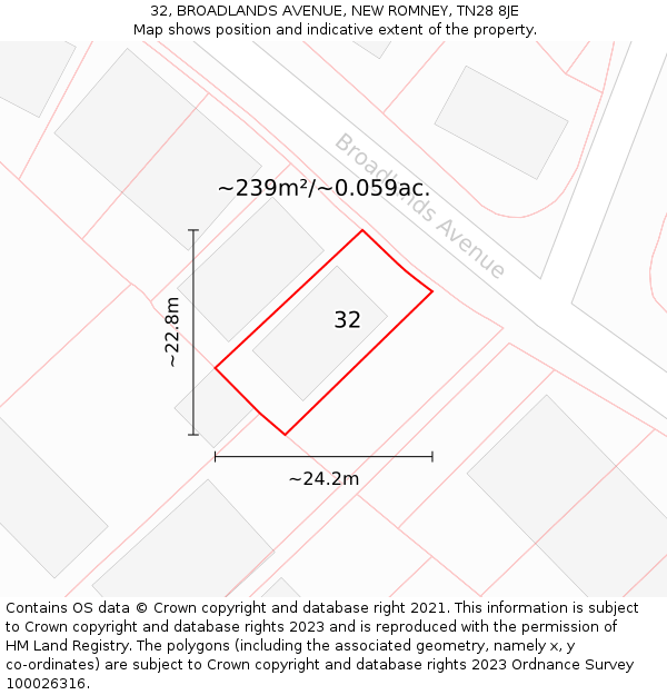 32, BROADLANDS AVENUE, NEW ROMNEY, TN28 8JE: Plot and title map