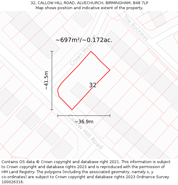 32, CALLOW HILL ROAD, ALVECHURCH, BIRMINGHAM, B48 7LP: Plot and title map