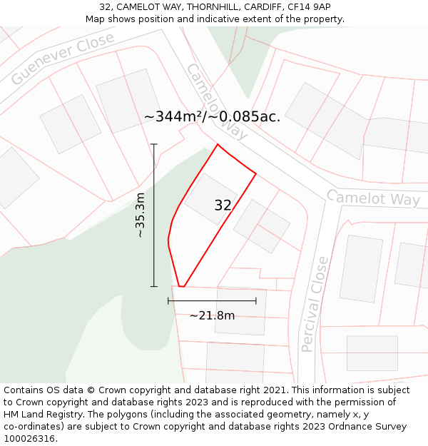 32, CAMELOT WAY, THORNHILL, CARDIFF, CF14 9AP: Plot and title map