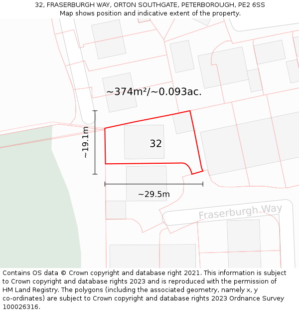 32, FRASERBURGH WAY, ORTON SOUTHGATE, PETERBOROUGH, PE2 6SS: Plot and title map