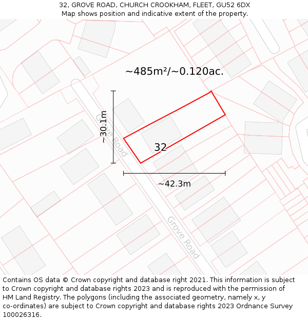 32, GROVE ROAD, CHURCH CROOKHAM, FLEET, GU52 6DX: Plot and title map