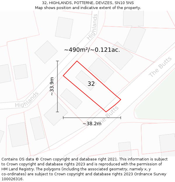 32, HIGHLANDS, POTTERNE, DEVIZES, SN10 5NS: Plot and title map