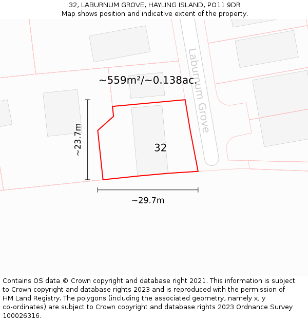 32, LABURNUM GROVE, HAYLING ISLAND, PO11 9DR: Plot and title map