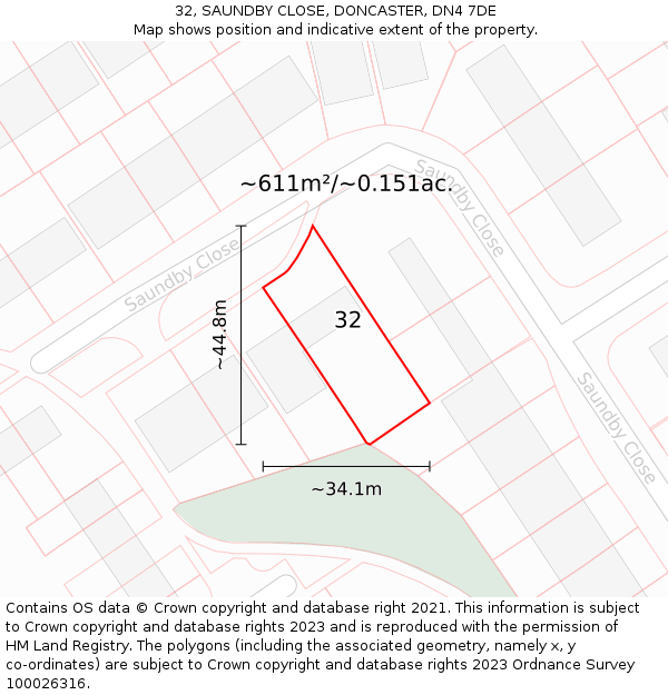 32, SAUNDBY CLOSE, DONCASTER, DN4 7DE: Plot and title map