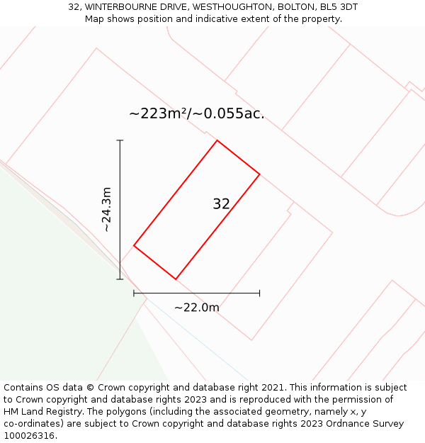 32, WINTERBOURNE DRIVE, WESTHOUGHTON, BOLTON, BL5 3DT: Plot and title map