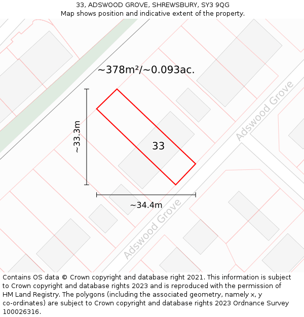 33, ADSWOOD GROVE, SHREWSBURY, SY3 9QG: Plot and title map