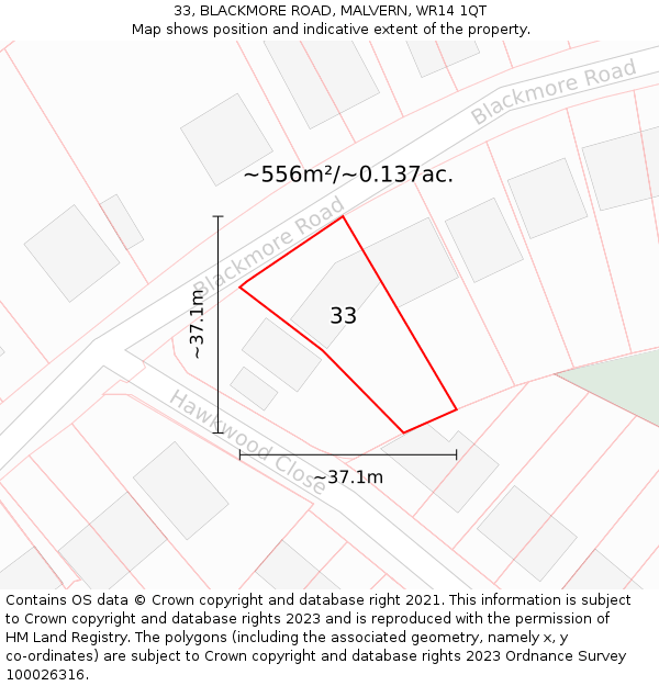 33, BLACKMORE ROAD, MALVERN, WR14 1QT: Plot and title map