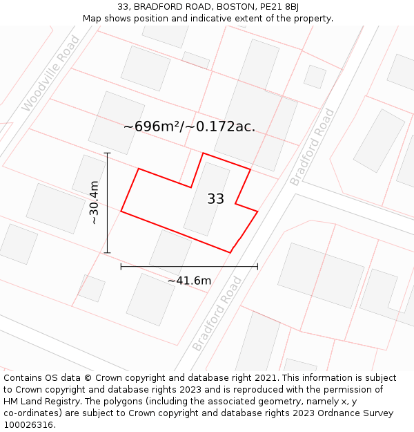 33, BRADFORD ROAD, BOSTON, PE21 8BJ: Plot and title map