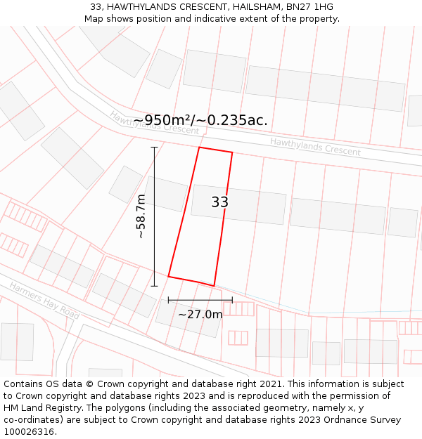 33, HAWTHYLANDS CRESCENT, HAILSHAM, BN27 1HG: Plot and title map