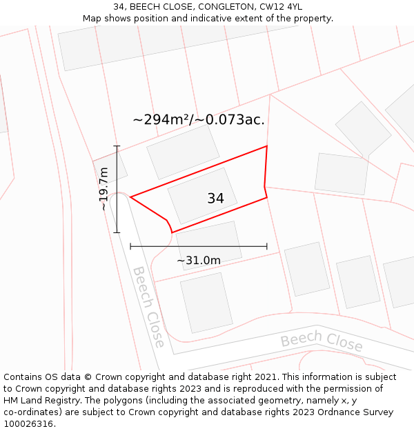 34, BEECH CLOSE, CONGLETON, CW12 4YL: Plot and title map