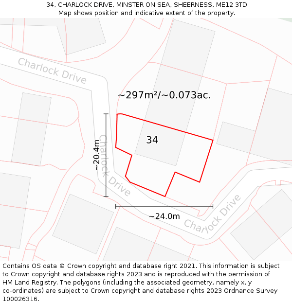 34, CHARLOCK DRIVE, MINSTER ON SEA, SHEERNESS, ME12 3TD: Plot and title map