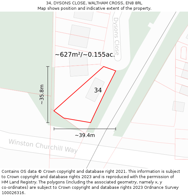 34, DYSONS CLOSE, WALTHAM CROSS, EN8 8RL: Plot and title map