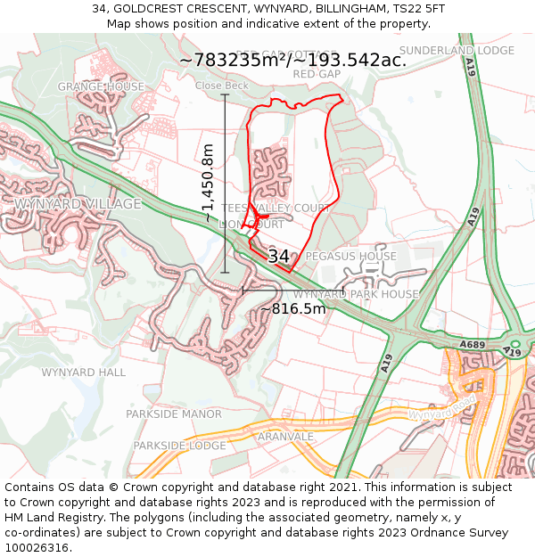 34, GOLDCREST CRESCENT, WYNYARD, BILLINGHAM, TS22 5FT: Plot and title map