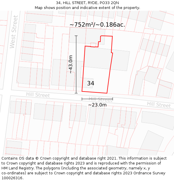 34, HILL STREET, RYDE, PO33 2QN: Plot and title map