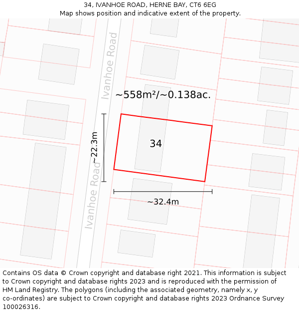 34, IVANHOE ROAD, HERNE BAY, CT6 6EG: Plot and title map