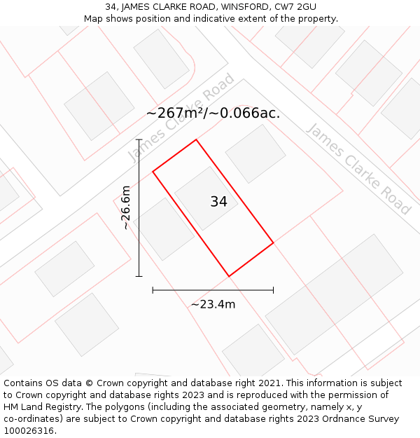 34, JAMES CLARKE ROAD, WINSFORD, CW7 2GU: Plot and title map