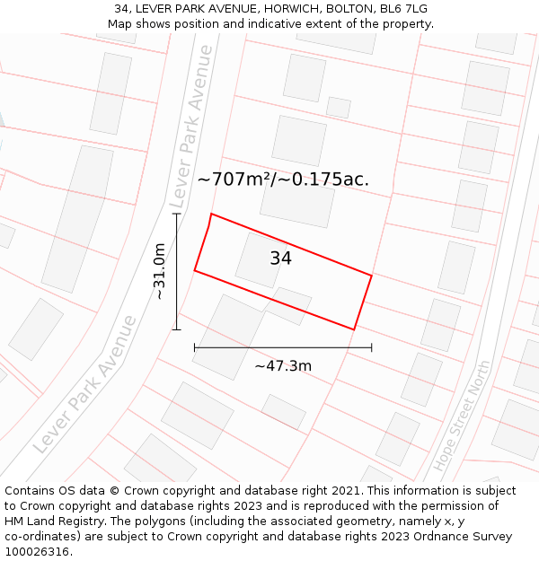 34, LEVER PARK AVENUE, HORWICH, BOLTON, BL6 7LG: Plot and title map