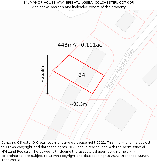 34, MANOR HOUSE WAY, BRIGHTLINGSEA, COLCHESTER, CO7 0QR: Plot and title map