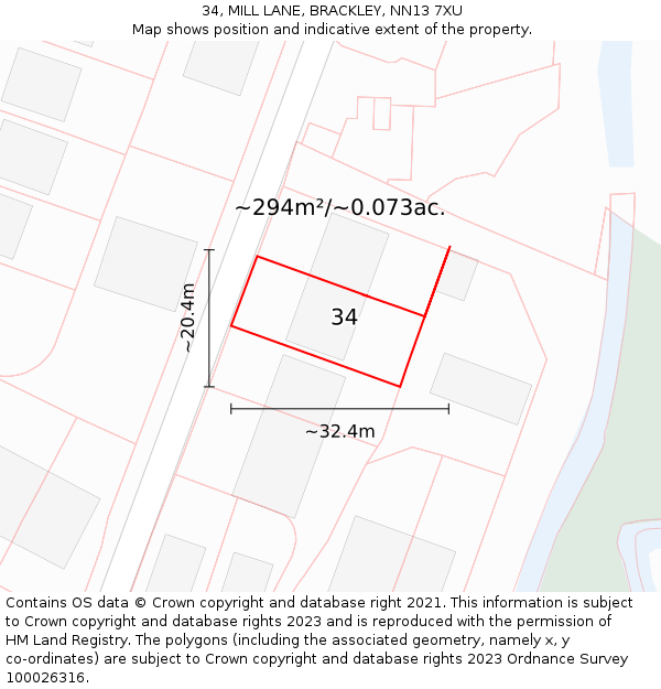 34, MILL LANE, BRACKLEY, NN13 7XU: Plot and title map