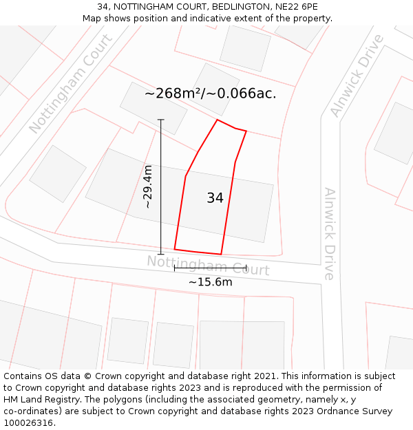 34, NOTTINGHAM COURT, BEDLINGTON, NE22 6PE: Plot and title map