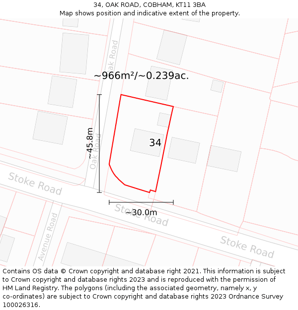 34, OAK ROAD, COBHAM, KT11 3BA: Plot and title map