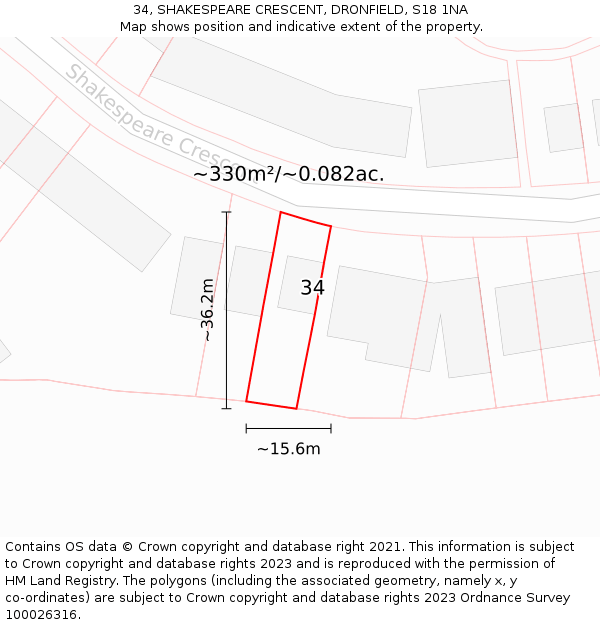 34, SHAKESPEARE CRESCENT, DRONFIELD, S18 1NA: Plot and title map