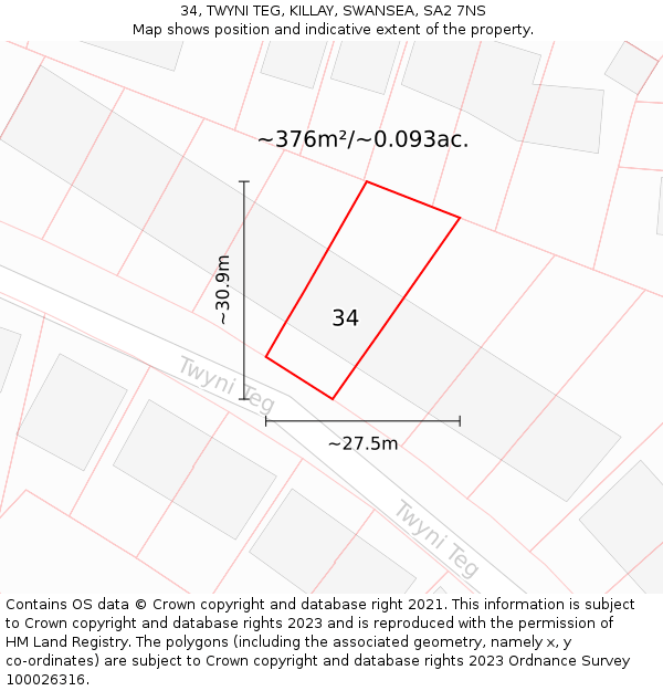 34, TWYNI TEG, KILLAY, SWANSEA, SA2 7NS: Plot and title map