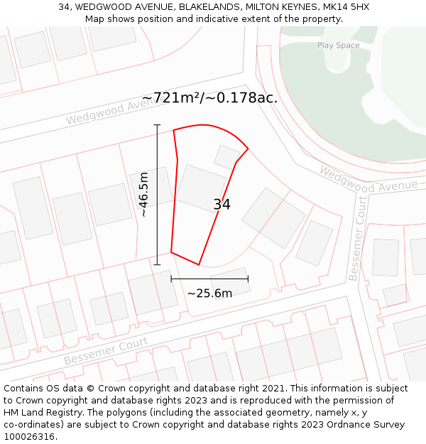 34, WEDGWOOD AVENUE, BLAKELANDS, MILTON KEYNES, MK14 5HX: Plot and title map