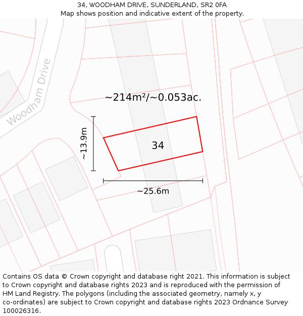 34, WOODHAM DRIVE, SUNDERLAND, SR2 0FA: Plot and title map