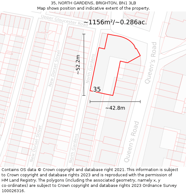 35, NORTH GARDENS, BRIGHTON, BN1 3LB: Plot and title map