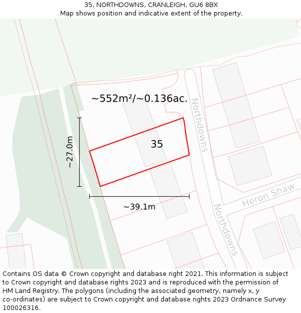 35, NORTHDOWNS, CRANLEIGH, GU6 8BX: Plot and title map