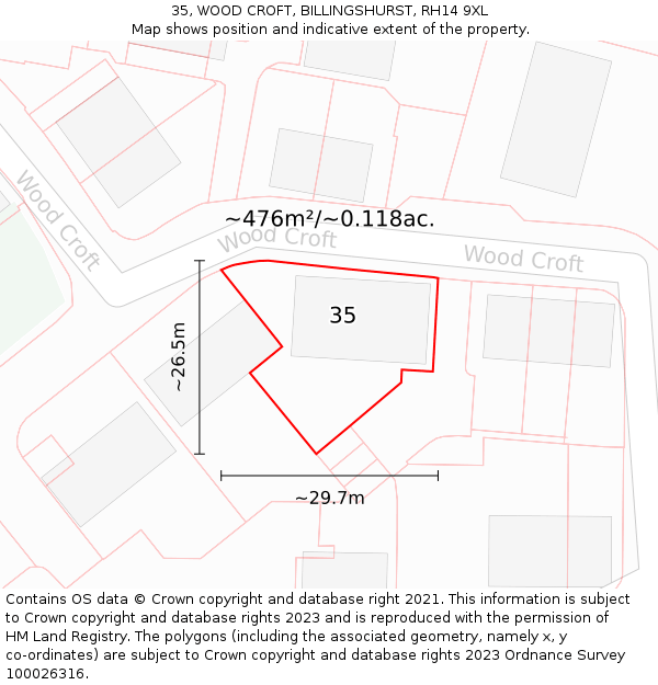 35, WOOD CROFT, BILLINGSHURST, RH14 9XL: Plot and title map