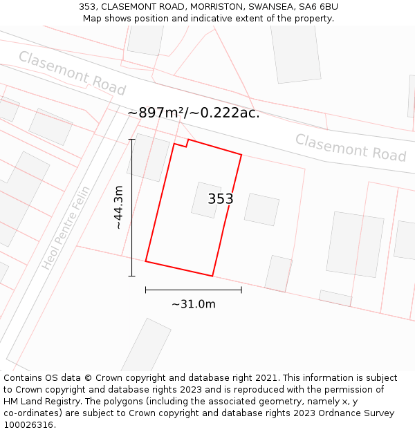 353, CLASEMONT ROAD, MORRISTON, SWANSEA, SA6 6BU: Plot and title map